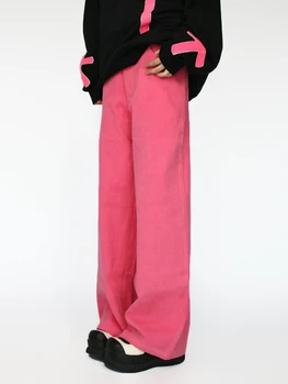 Американски Реколта дънки цвят на допамин с малък дизайнерски акцент, широки панталони Y2K, свободни и универсални