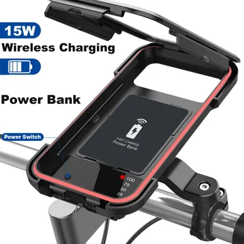 Безжично зарядно устройство, държач за телефон на вашия мотоциклет, Водоустойчив скоба за кормилото на Велосипеда, чанта за мобилен телефон с Капацитет 5000 mah, Поставка за Закрепване на