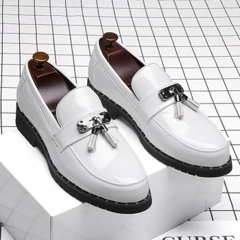 Бели модела обувки, мъжки модни обувки от лачена кожа за мъже, черни мъжки лоферы с пискюли, Обувки, Лукс, за офис