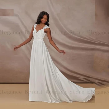 Бели шифоновые сватбени рокли за бретелях за жени 2023, бродирани с пайети, Дълга Плажна Сватбена рокля трапецовидна форма с плиссированными Vestidos