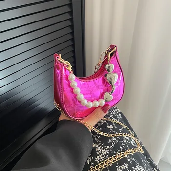 Брандираната Дизайнерска Дамска чанта за През рамото От лачена кожа с шарките на алигатор, Модни верига, перлена чанта през рамо, Мини чанта за колички