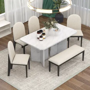 Бял кът за спалня в модерен стил от 6 теми с маса от изкуствен мрамор, 4 меки обеденными столове и 1 Пейка за хранене