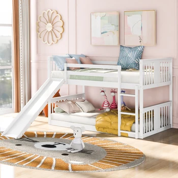 Бяла двуетажно легло с две единични легла, с пързалка и стълбище, лесно се монтира за вътрешната мебели за спалня