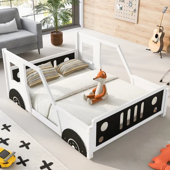 Бяла пълен размер класическа легло-платформа във формата на кола в количка, лесна за монтаж за мебели за спалня на закрито