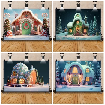 Весел Коледен Фон с анимационни дом, Зимата снежна свят, Коледа гора, Портрет на новородено бебе, на Фона на фотосесия на закрито