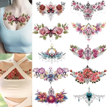 Временна татуировка на гърдите под гърдата за жени, Големи цветни Фалшиви реалистична татуировка, рози Цвете, пеперуда, печат Скитници, Скица на тялото