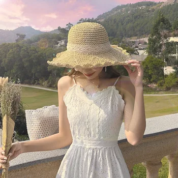 Годишна Жена Солнцезащитная Шапка, Сгъваема Сламена шапка с дантелен завършек За момичета, Ежедневни шапка с широка периферия за пътуване на открито, Плажни слънчеви шапки