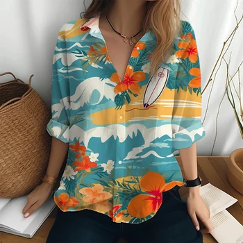 Градинска ежедневни дамски риза и дрехи 2023, Нова риза с 3D-цветни принтом, Хавайски женска риза с дълги ръкави, с модерна риза