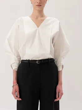 Дамска Риза с ръкав три четвърти в нишевом дизайн Началото на есента 2023, Модни Дамски Елегантна Бяла Блуза с V-образно деколте, Новост