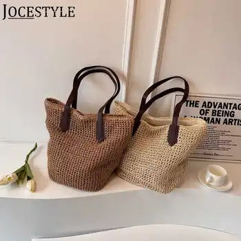 Дамска Сламена чанта в стил Бохо Ръчно изработени, тканая чанта под мишката, Лятна Чанта с Голям капацитет, просто однотонная чанта с цип, свързани на една кука