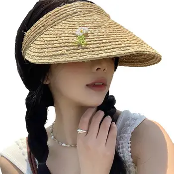 Дамска сламена шапка с широка периферия и соломенным козирка От слънцето, Плажни сламени шапки, Дамски сламена шапка от слънцето за жени