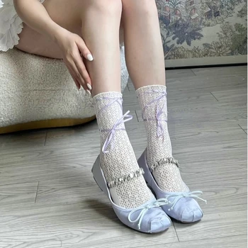 Дамски Бели Дантелени ежедневни чорапи в Японски Стил, прекрасни Елегантни Дамски чорапи до глезена с лък на лента, дамски директен доставка