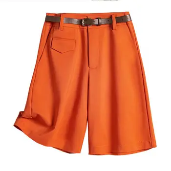 Дамски Летни къси панталони, Всекидневни Къси панталони с висока талия, женски обикновена Оранжеви къси Панталони-Бермуди копчета, Свободни Панталони-Бермуди За жени