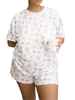Дамски Пижамные комплекти с цветен Модел, 2 броя, Риза с къс ръкав с Плодов Принтом, Потници и къси Панталони, Пижамный Комплект за Почивка