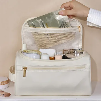 Дамски косметичка от изкуствена кожа с голям капацитет, богат на функции преносима чанта за тоалетни принадлежности, Водоустойчива чанта за съхранение на продукти за грижа за кожата