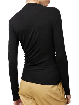 Дамски модни асиметрични блузи, обикновена тениска с кръгло деколте и рюшами с дълъг ръкав, тънки спортни тениски, градинска облекло