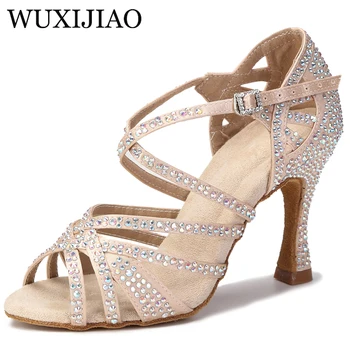 Дамски официални танцови обувки WUXIJIAO, Сатен блестящи кристали, мека подметка, Обувки за Латино танци, Дамски обувки за Салса танци на ток
