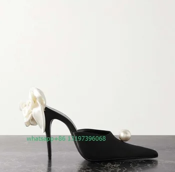 Дамски пикантни черни сатенени чехли с остри пръсти, украсени с бели перли, елегантен дизайн, бели обувки-лодка с цветен модел на рози, размер 46