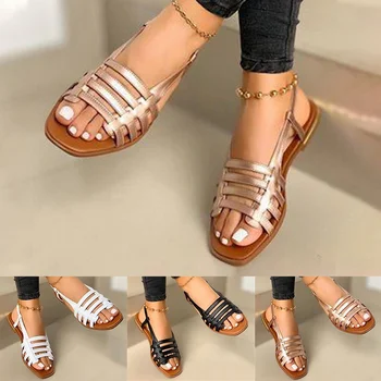Дамски сандали, Дамски летни открити римски обувки 2022, женски гладиаторски плажни обувки на плоска подметка с отворени пръсти, Дамски обувки Големи размери 35-43