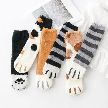 Дамски чорапи в ивица с лапи прекрасни котки, Кавайные дебели Чорапи за момичета на зимата и Есента, Дамски чорапи с пальчиками животни