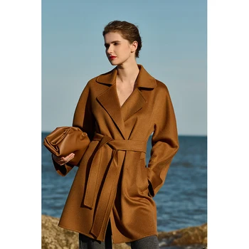 Дамско палто от 100% чист кашмир средна дължина, черно камила двустранно вълна палто с модел 