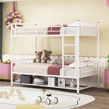 Двуетажно легло Twin Over Twin Bde, двуетажно метално легло прост дизайн с рафт и парапет, двуетажно легло може да се раздели на 2 единични легла за децата