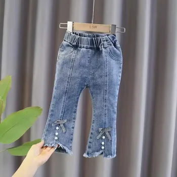 Детски Дънки за момичета 2023 г., Нови модерни детски панталони пролетно-есенния пускане в корейски стил, тънки разкроена панталони