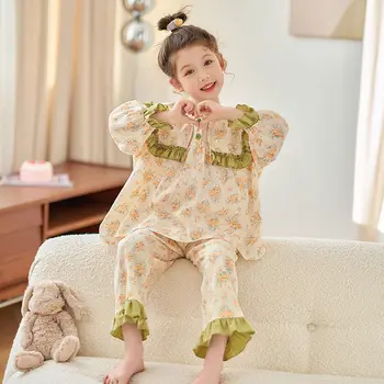 Детски дрехи, дрехи Пижамные комплекти за малки момичета, на Новост 2023 година, Есента домашни дрехи от чист памук, с дълги ръкави, Завързана яка, Монофонични сладък цвят