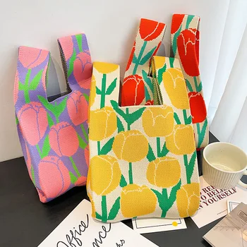 Дизайн Ins, Вязаная чанта с цветя модел чанта на китката с възел, Модерна Универсална чанта-тоут, торбички за пазаруване за жени и момичета, Лятна модерна чанта