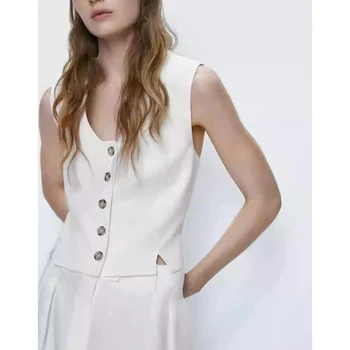 Европейската и американската дамски дрехи 2023, Пролетно-летния Нова оборудвана однобортный случайни кратък рокля с V-образно деколте, жилетка