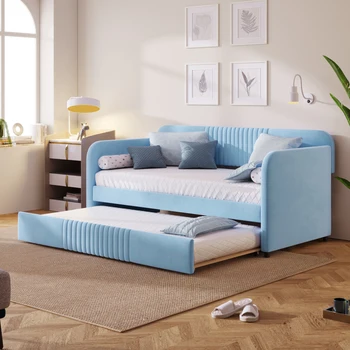 Елегантен и модерен разтегателен диван с мека кушеткой Twin Size с разтегателен диван и дървена лента, подходящ за спални, светло синьо