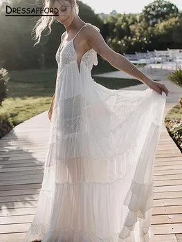 Елегантна сватбена рокля в стил Бохо, Дамски плажни апликации, Vestido De Noiva, Сватбена рокля, Шифоновые бретельки-спагети, V-образно деколте, открита на въртене