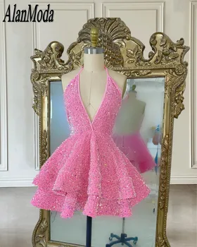 Елегантни Розови Абитуриентски рокли за жени, Къса рокля за абитуриентски бал с пайети, празнична рокля с отворен гръб на бретелях