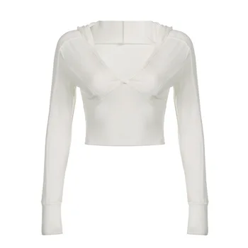 Есенна Прясна Бяла Тениска с качулка и ниски V-образно деколте върху гърдите, Тънка Тениска с къс прерязано и дълъг ръкав
