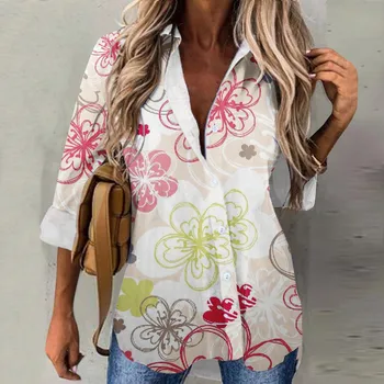 Есенни ризи в стил ретро с дълъг ръкав и ревери, ежедневни блузи копчета Пролетна мода дамска блуза с флорални принтом, Градинска и плажна дамски дрехи