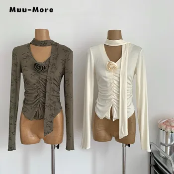Есенно-зимни модни Дамски блузи с рюшами, украсени с 3D цветя, с V-образно деколте на бретелях, Есен-зима 2023, Оборудвана Асиметричен топ Y2K Slim Fit