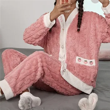 Жена Зимна пижамный комплект отвътре с V-образно деколте и дълъг ръкав, Модерен, Топъл Случайни Жилетка от коралов руно с ягоди, меки домашни дрехи