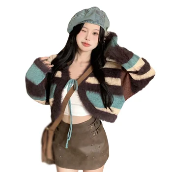 Жена вязаный пуловер с къси плюшени лямками Свободно намаляване на райе, есенна жилетка