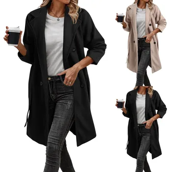 Жена двубортный Дълъг тренч, Ветрозащитное Класическо Финото палто с ревера и колан, дълги палта с стрейчем, Градско палто за жени