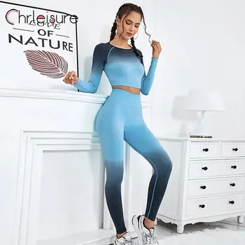 Жена комплект за йога с наклон CHRLEISURE, безшевни съкратен топ за фитнес, естетичен моден комплект обтягивающих меки леггинсов с ефект повдигащ, панталони за йога
