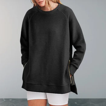 Жена пуловер с кръгло деколте Свободно, намаляване, Женски основни свитшоты от смесового памук, монофонични случайни облекло за почивка с цепка отстрани