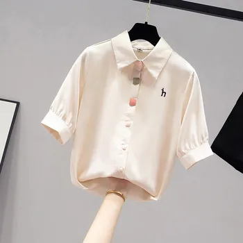Женска тениска с логото на марката HAZZYS, лято 2023, Нова шифоновая тениска с къс ръкав, Дамски бяла риза с тънък ръкав