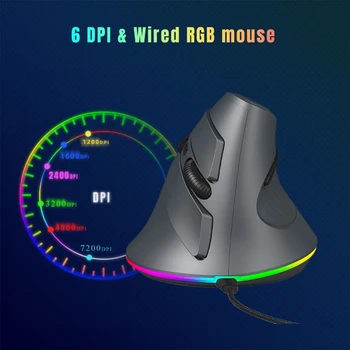Жичен Ергономична мишка, Вертикална компютърна мишка, Регулируема 7200 dpi, 7 бутона, Режима на RGB подсветка за настолни КОМПЮТРИ F19E