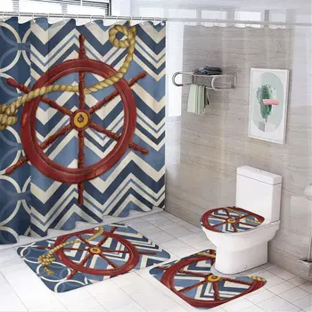Завеса за душ с шарени моряк в морски стил, модерен нескользящий килим, завеса за душ, водоустойчив полиестер, с начало декор 180x180
