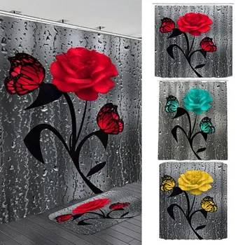 Завеса за душ с ярки цветове, Водоустойчиви завеса за баня с рози, завеса за баня с 12 куки, аксесоари за баня 1,8X1,8 см