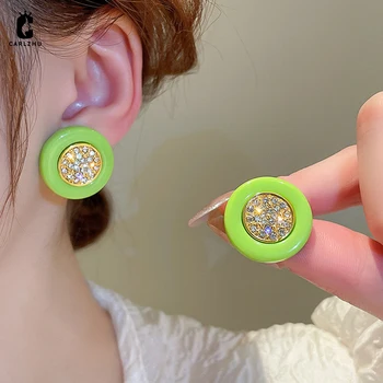Зелени Акрилни кристали, кръгли геометрични обеци-карамфил за жени, момичета, Луксозен стил, Модни прости бижута