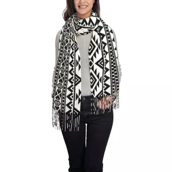 Зимен Шал, Дамски Тънка Топла шал, черно-бял модел tribal, Женски одеяло с пискюли, Хиджаб Echarpe Bufanda