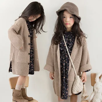 Зимни дрехи за малките момичета 2023 година, Корейски Обикновен Пуловер със средна дължина, жилетка, монофонични вязаный пуловер от дебела прежда 110-160 см