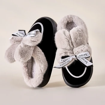 Зимните домашни дамски чехли от топло изкуствена кожа за момичета, домашна Памучен обувки с хубав лък и плюшено зайче за спалня на дебелите ток, жените пързалки