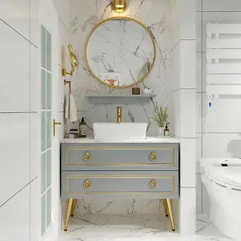 Индивидуален средиземноморски шкаф за баня от скандинавския дъб, светъл луксозен шкаф за мивка, комбиниран шкаф за малък апартамент, умен мивка